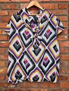 Request 3X Geometric Print Tie Neck Blouse NWT Vibrant Bow Colorful Cap Sleeve